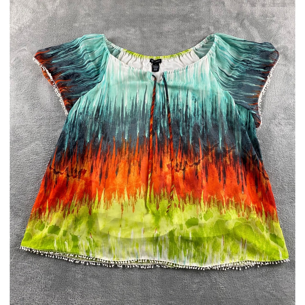 New Directions Womens XL Abstract Ombre Pom Pom Trim Boho Peasant Blouse Top